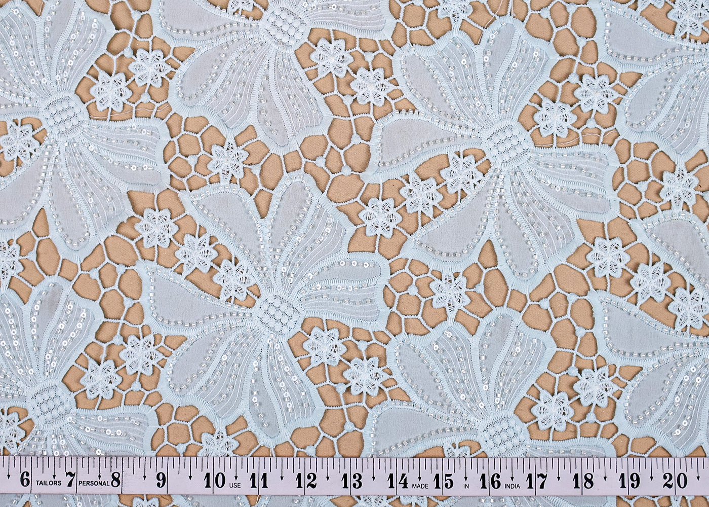 (Pre-Cut 1.35 MTR) Sky Blue Crepe Fabric With All Over Abstract Pattern With Cutwork 18434