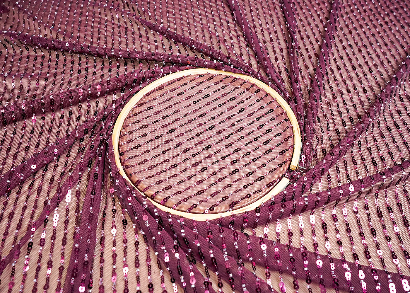 (Pre-Cut 2 MTR) Wine Lycra Net Fabric With All Over Sequins Work 18435