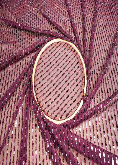 (Pre-Cut 2 MTR) Wine Lycra Net Fabric With All Over Sequins Work 18435