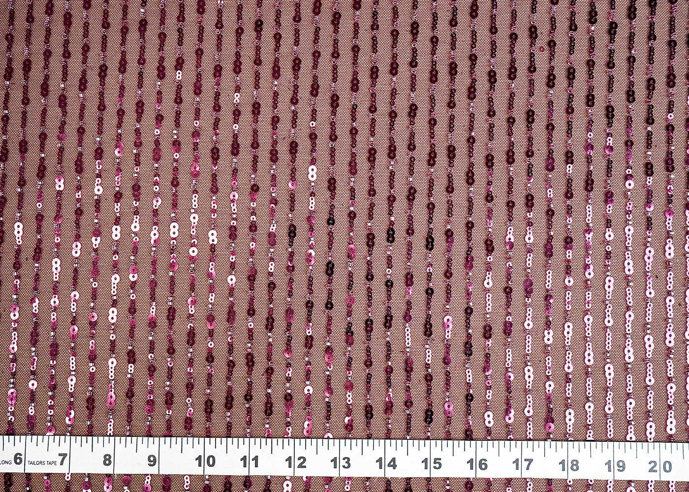 (Pre-Cut 2 MTR) Wine Lycra Net Fabric With All Over Sequins Work 18435