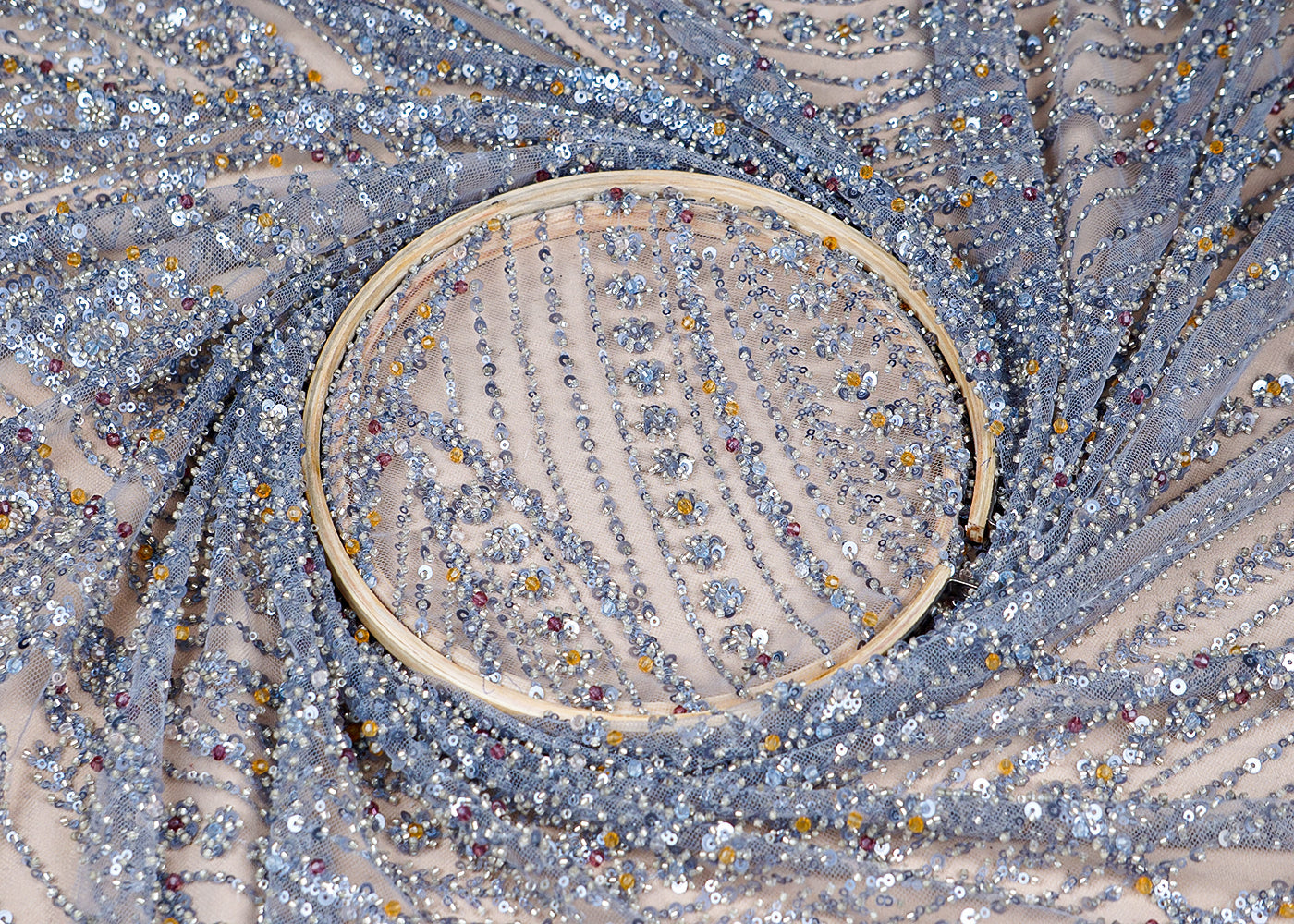 (Pre-Cut 0.6 MTR) Grey Imported Net Fabric With All Over Sequins And Bead Work 18436