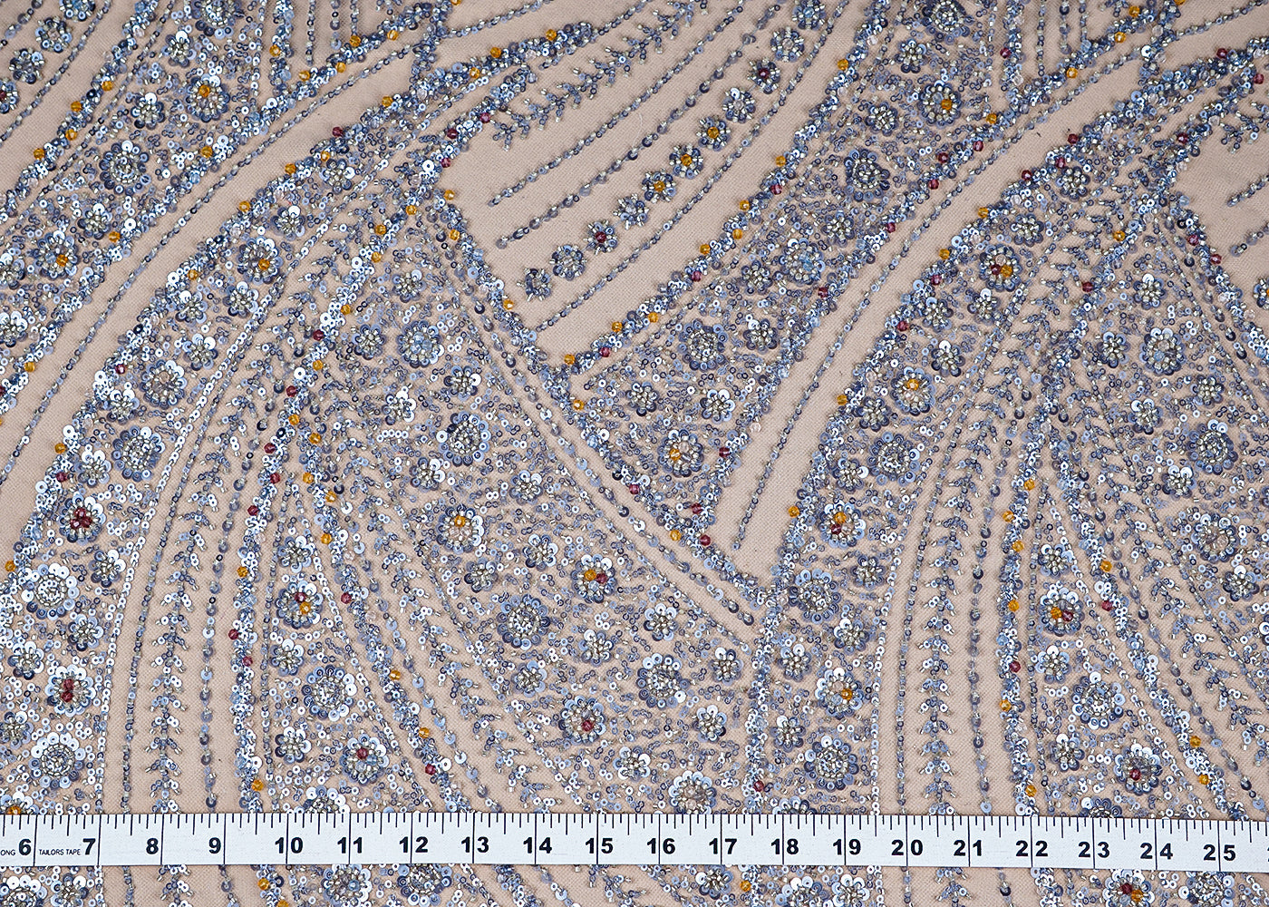 (Pre-Cut 0.6 MTR) Grey Imported Net Fabric With All Over Sequins And Bead Work 18436