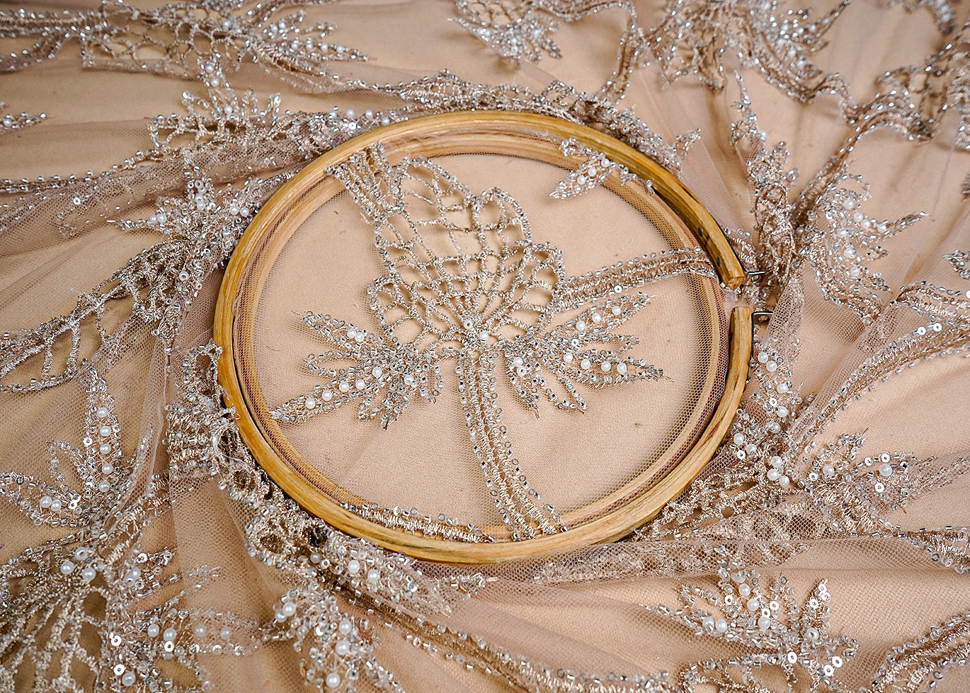 (Pre-Cut 0.7 MTR) Gold Imported Net Fabric With All Over Zari, Sequins, Bead And Cutwork 18437