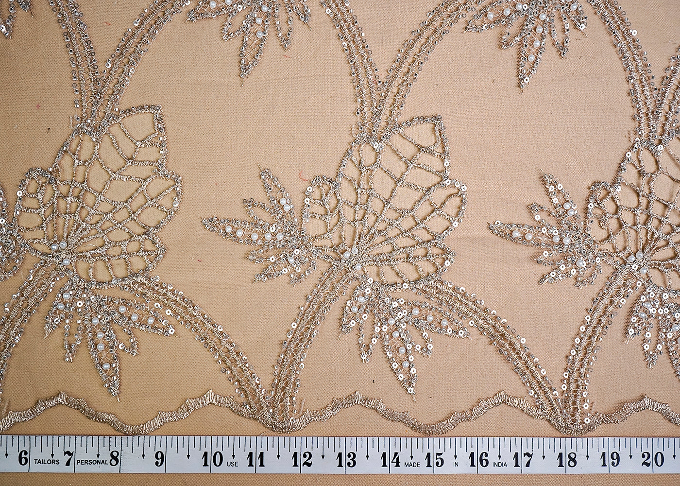 (Pre-Cut 0.7 MTR) Gold Imported Net Fabric With All Over Zari, Sequins, Bead And Cutwork 18437