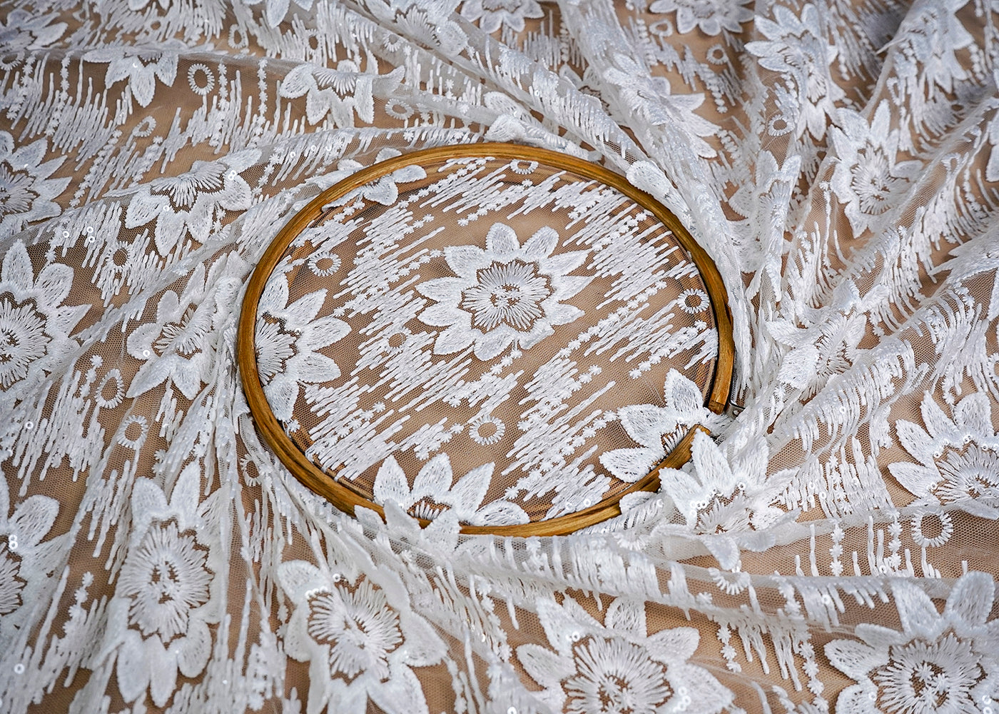 (Pre-Cut 0.9 MTR) White Imported Net Fabric With All Over Applique Work With Two Side Scalloped Edges 18441