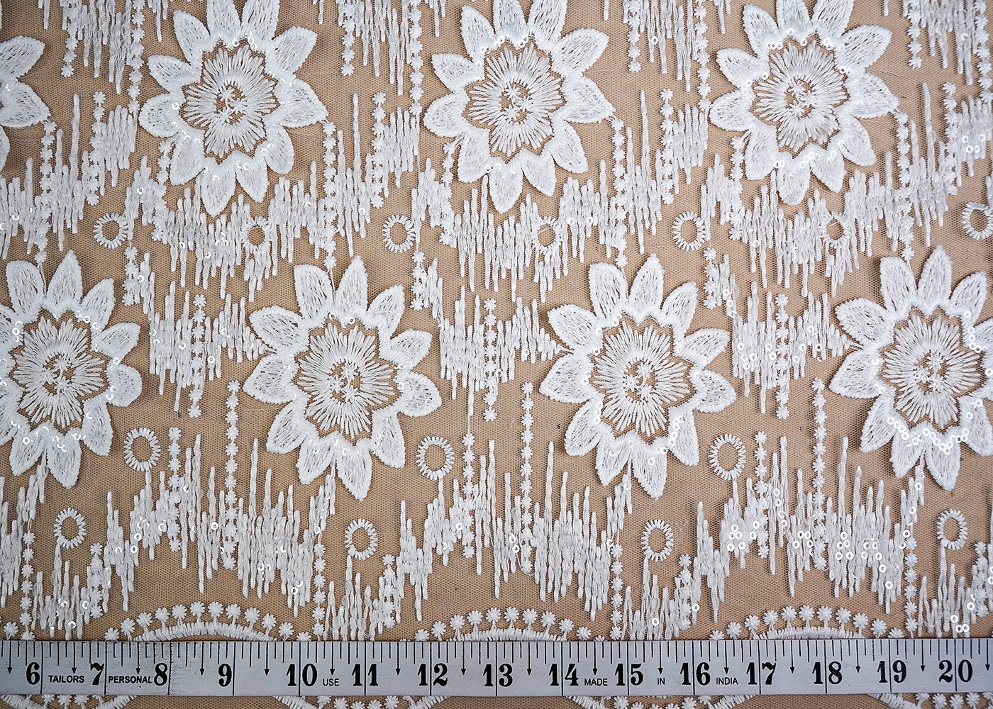 (Pre-Cut 0.9 MTR) White Imported Net Fabric With All Over Applique Work With Two Side Scalloped Edges 18441