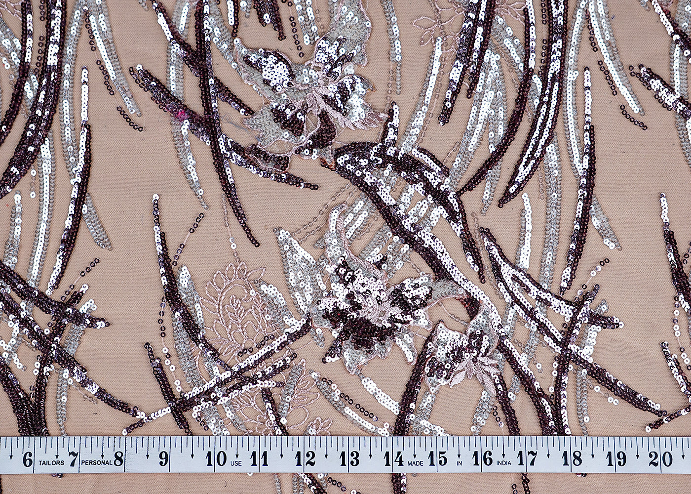 (Pre-Cut 0.9 MTR) Light Pink Imported Net Fabric With All Over Sequins And Applique Work 18442