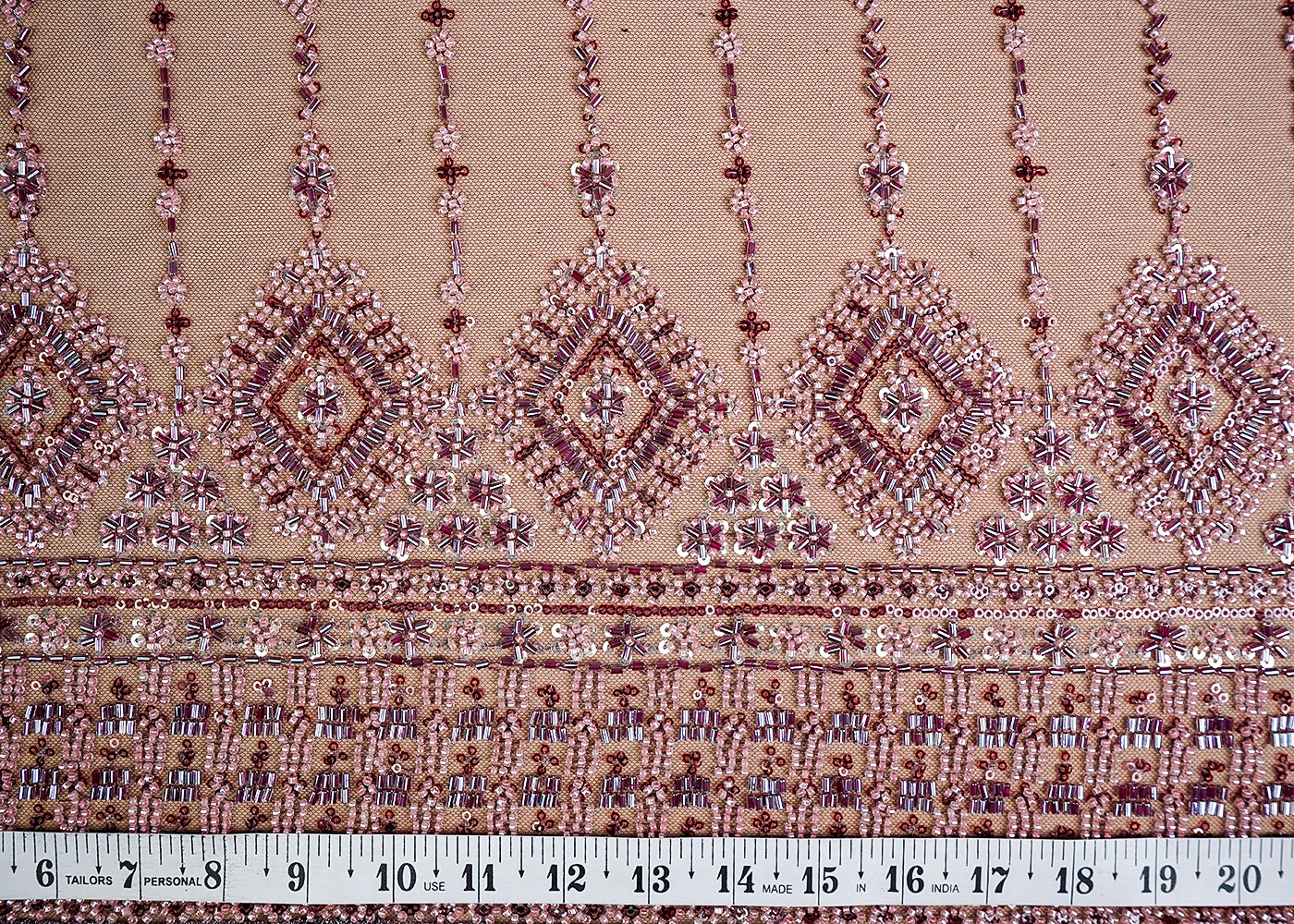 (Pre-Cut 1 MTR) Wine Imported Net Fabric With All Over Sequins Katdana And Bead Work With One Side Border 18444