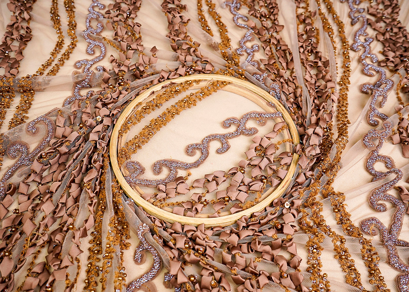 (Pre-Cut 1.7 MTR) Brown Imported Net Fabric With All Over Applique Work  18445