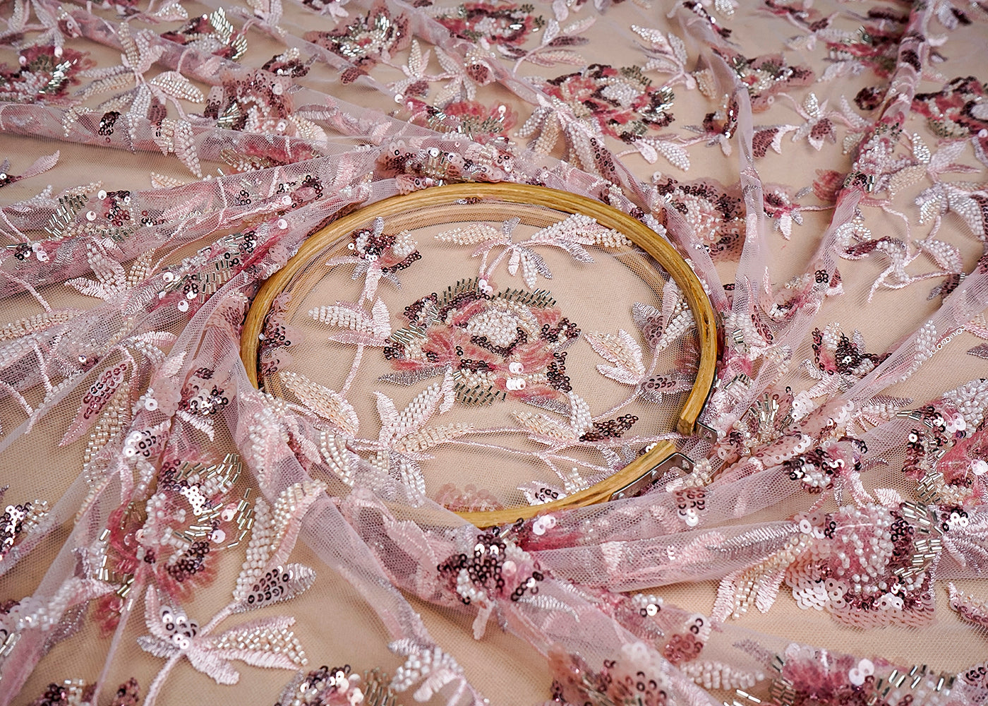 (Pre-Cut 1.55 MTR) Pink Imported Net Fabric With All Over Thread Zari Bead And Sequins Work With Two Side Scalloped Edges 18446