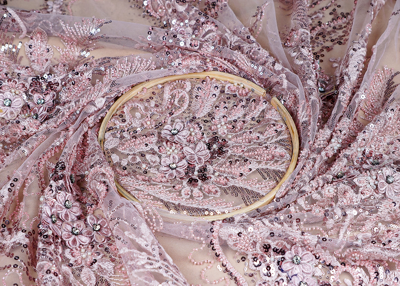 (Pre-Cut 1.7 MTR) Light Pink Imported Net Fabric With All Over Bead Sequins And Thread With One Side Applique Work Border 18447