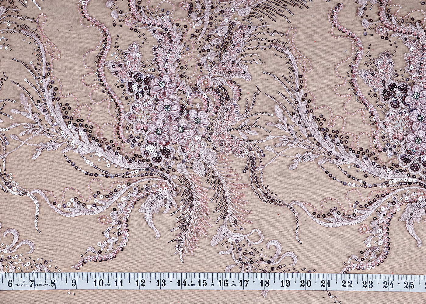 (Pre-Cut 1.7 MTR) Light Pink Imported Net Fabric With All Over Bead Sequins And Thread With One Side Applique Work Border 18447