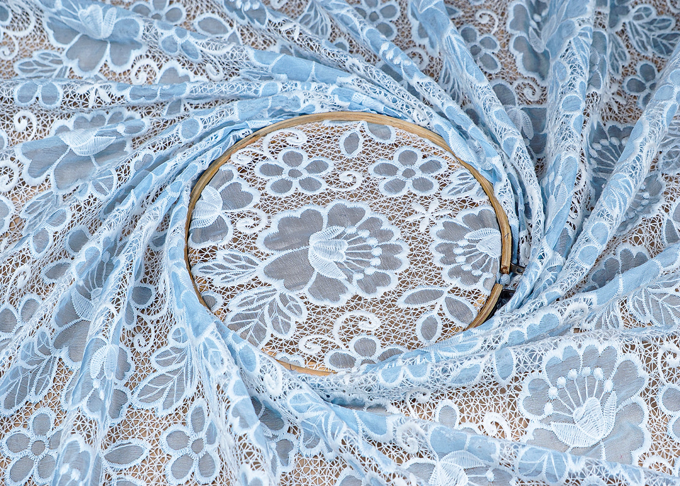 (Pre-Cut 1.6 MTR) Ice Blue Chinon Chiffon  Fabric With All Over Thread And Cutwork With Two Side Scalloped Edges 18448
