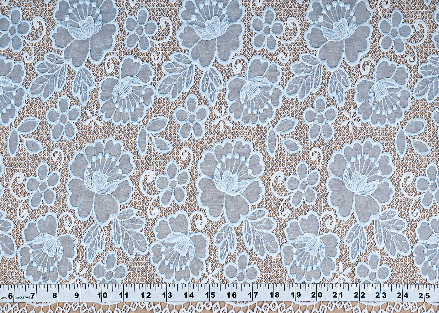(Pre-Cut 1.6 MTR) Ice Blue Chinon Chiffon  Fabric With All Over Thread And Cutwork With Two Side Scalloped Edges 18448