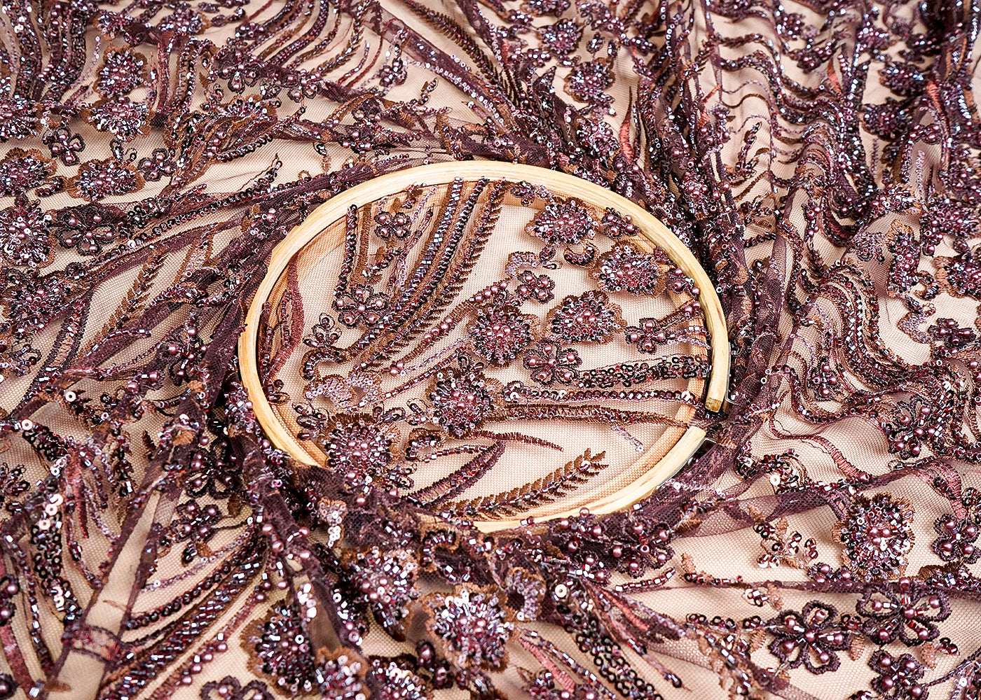(Pre-Cut 1.9 MTR) Brown Imported Net Fabric With All Over Thread, Bead And Sequins Work 18449