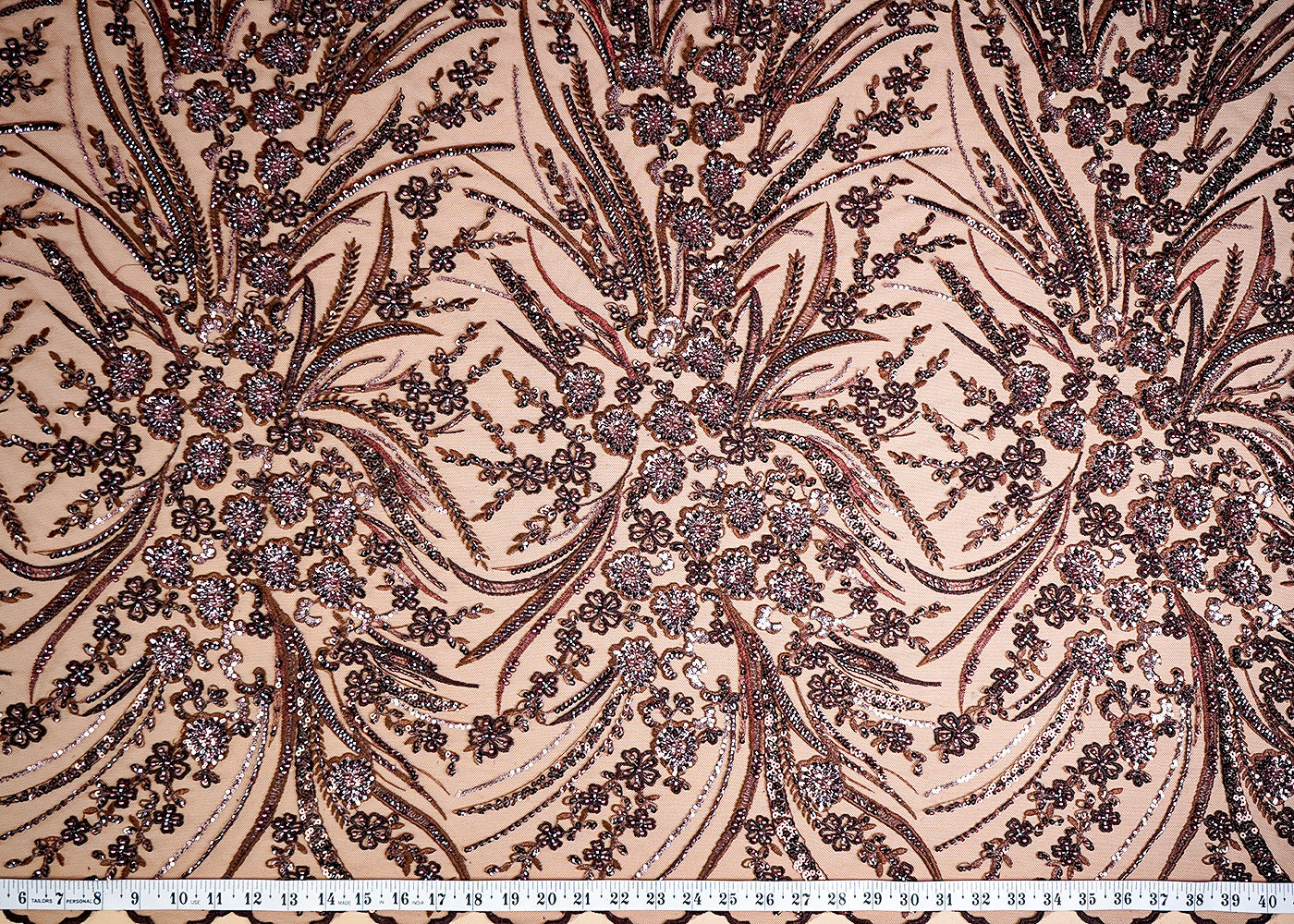 (Pre-Cut 1.9 MTR) Brown Imported Net Fabric With All Over Thread, Bead And Sequins Work 18449