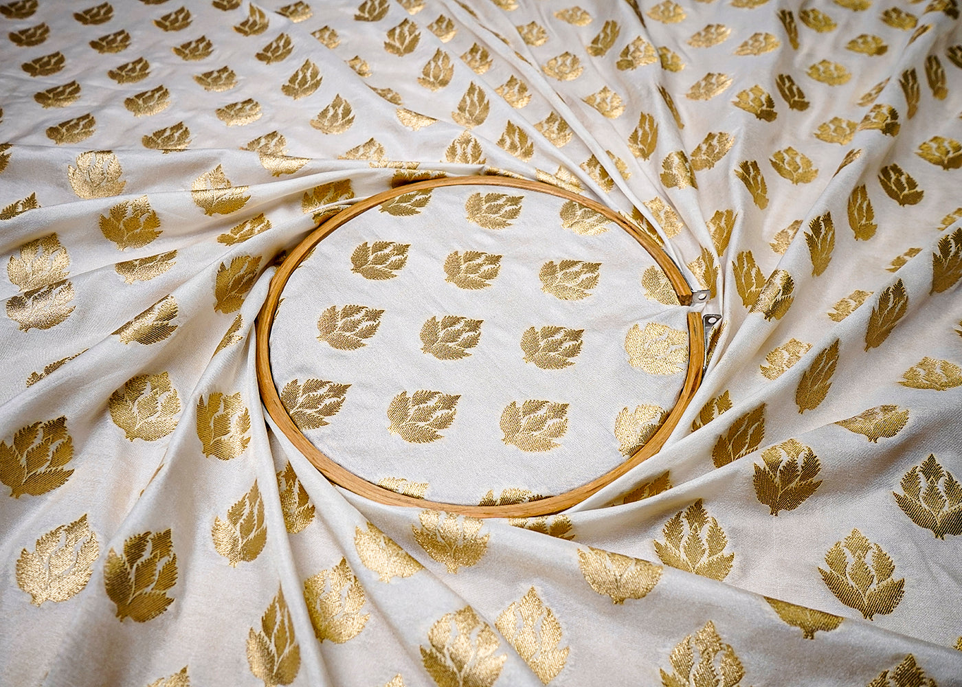 (Pre-Cut 3 MTR) White Banarasi Brocade Fabric With All Ove Golden Zari Handloom 18451