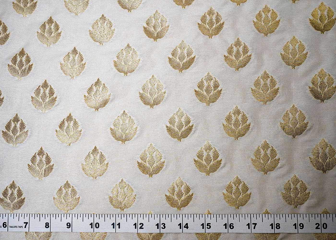 (Pre-Cut 3 MTR) White Banarasi Brocade Fabric With All Ove Golden Zari Handloom 18451
