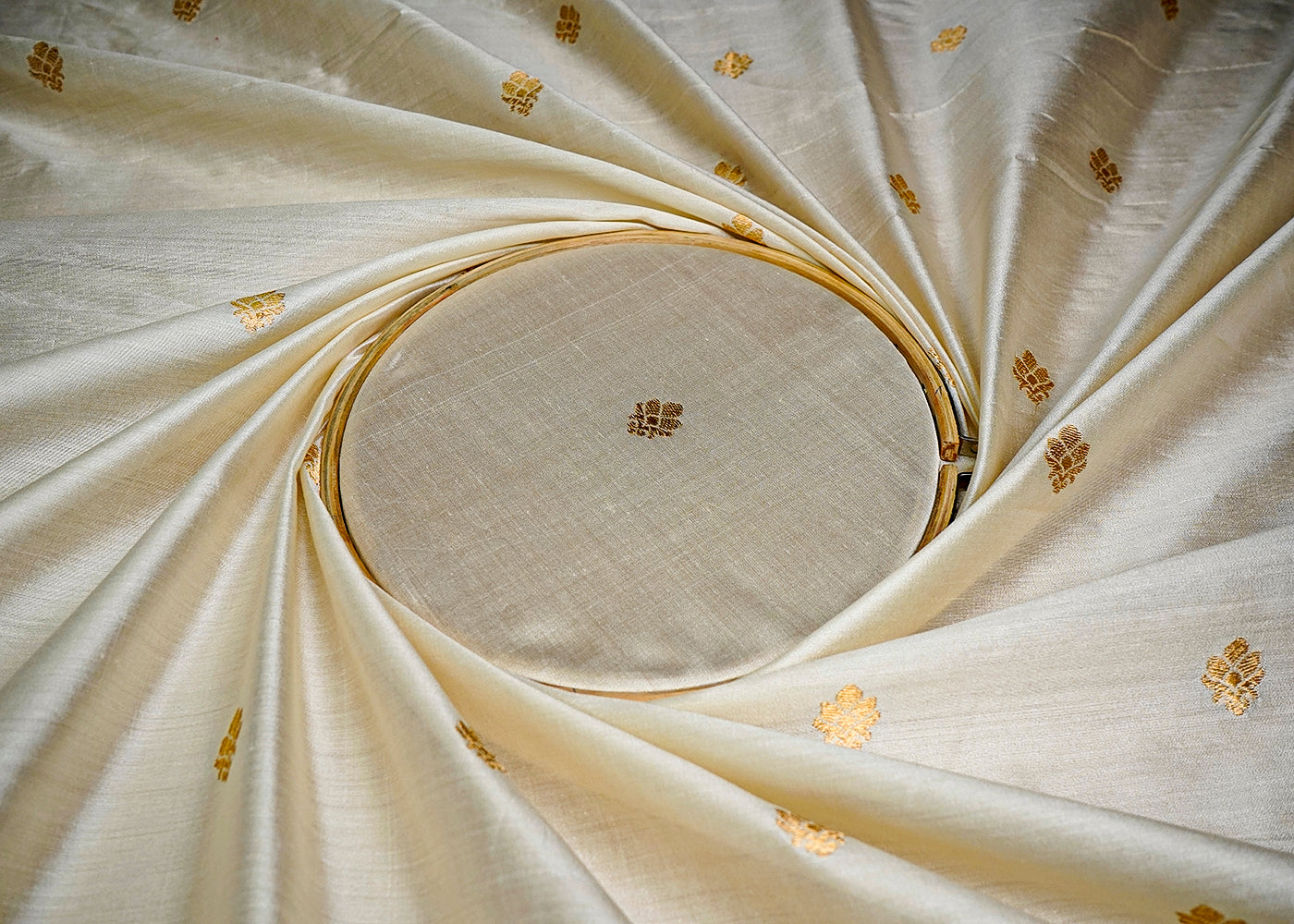 (Pre-Cut 2.4 MTR) Off White Moonga Silk Fabric With All Over Golden Zari Work  18453