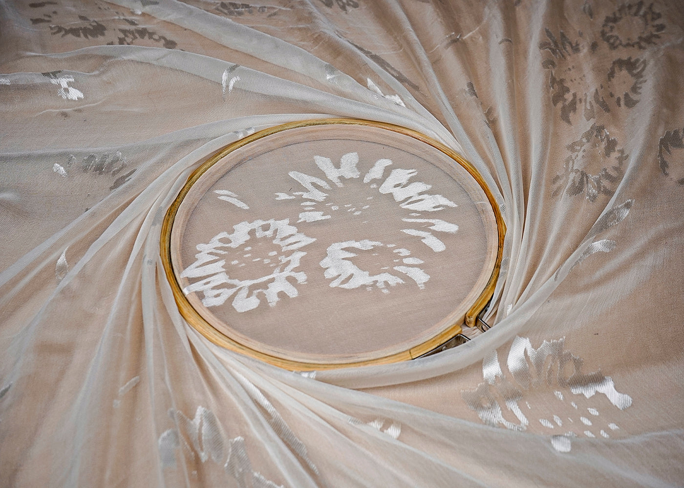 (Pre-Cut 1.5 MTR) White Georgette Fabric With White Georgette Fabric With All Over Foil Work  18454