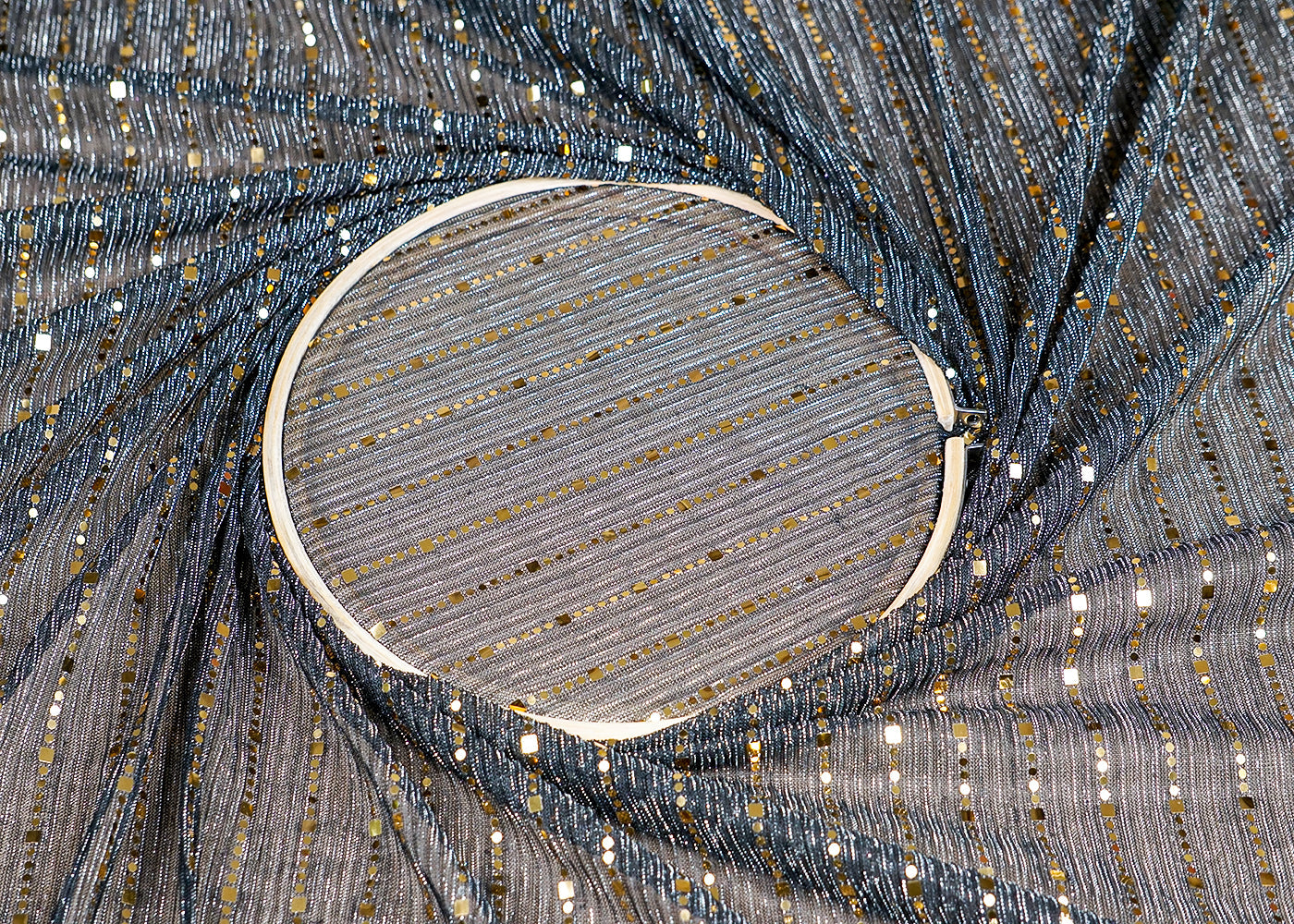 (Pre-Cut 2.65 MTR) Black Moon Light Fabric With All Over Shimmer Work 18458