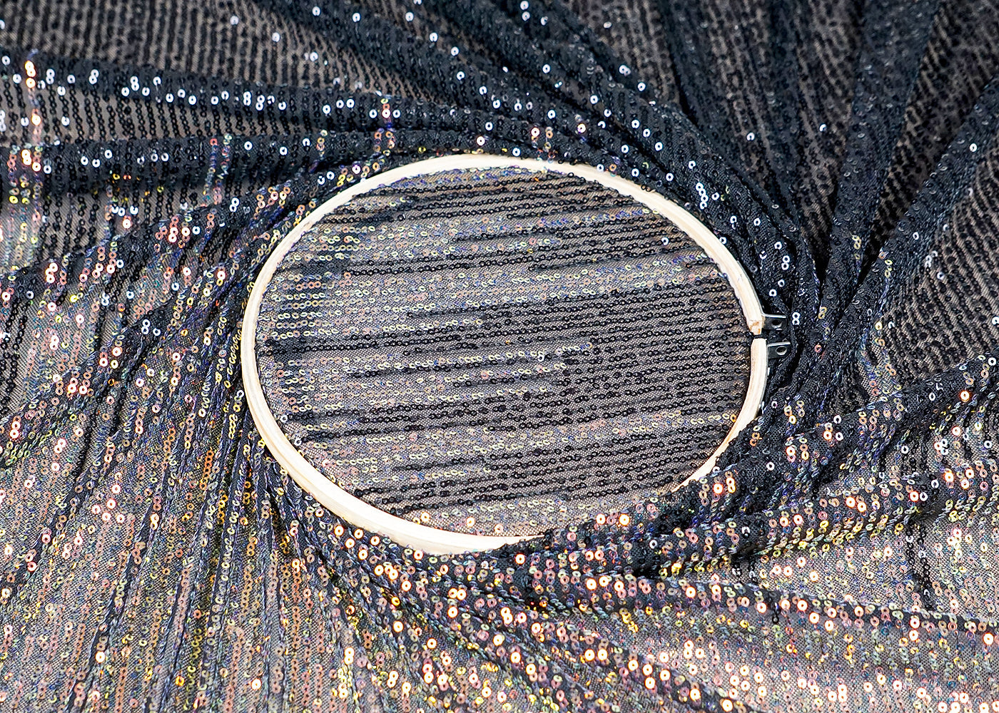(Pre-Cut 2.8 MTR) Black Lycra Net Fabric With All Over Rainbow Sequins Work 18459