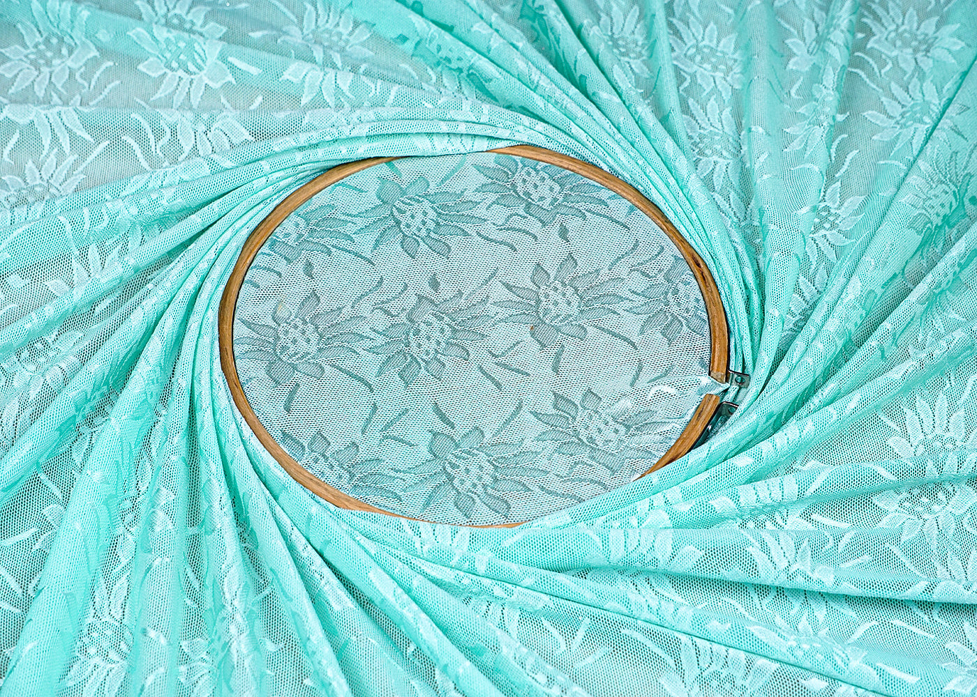 (Pre-Cut 2 MTR) Mint Green Lycra Net Fabric With All Over Thread Work 18460