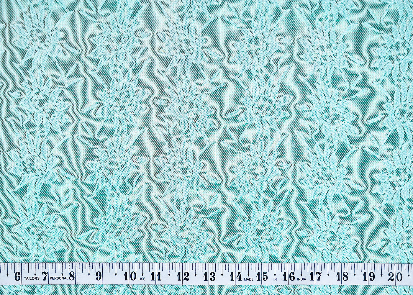 (Pre-Cut 2 MTR) Mint Green Lycra Net Fabric With All Over Thread Work 18460