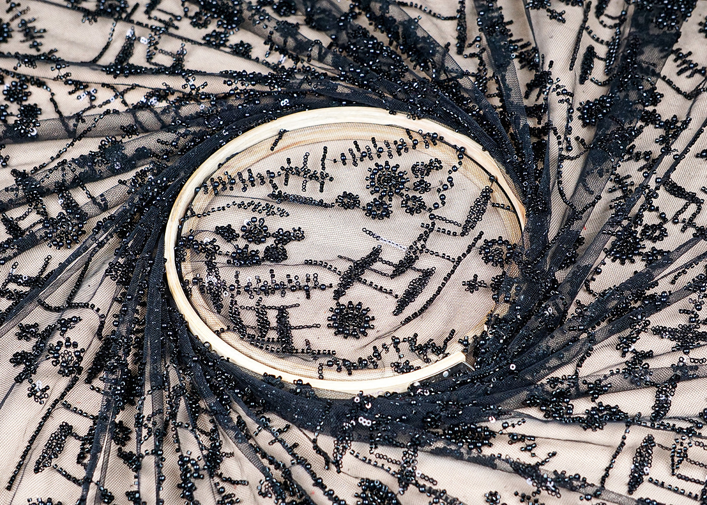 (Pre-Cut 1.65 MTR) Black Imported Net Fabric With All Over Bead And Sequins Work 18465