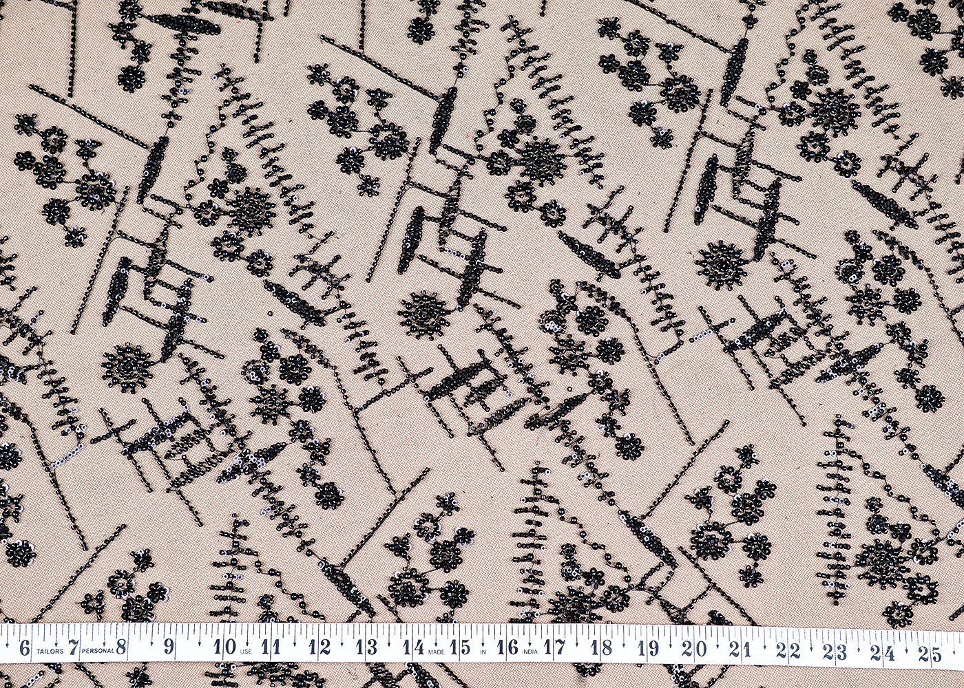(Pre-Cut 1.65 MTR) Black Imported Net Fabric With All Over Bead And Sequins Work 18465