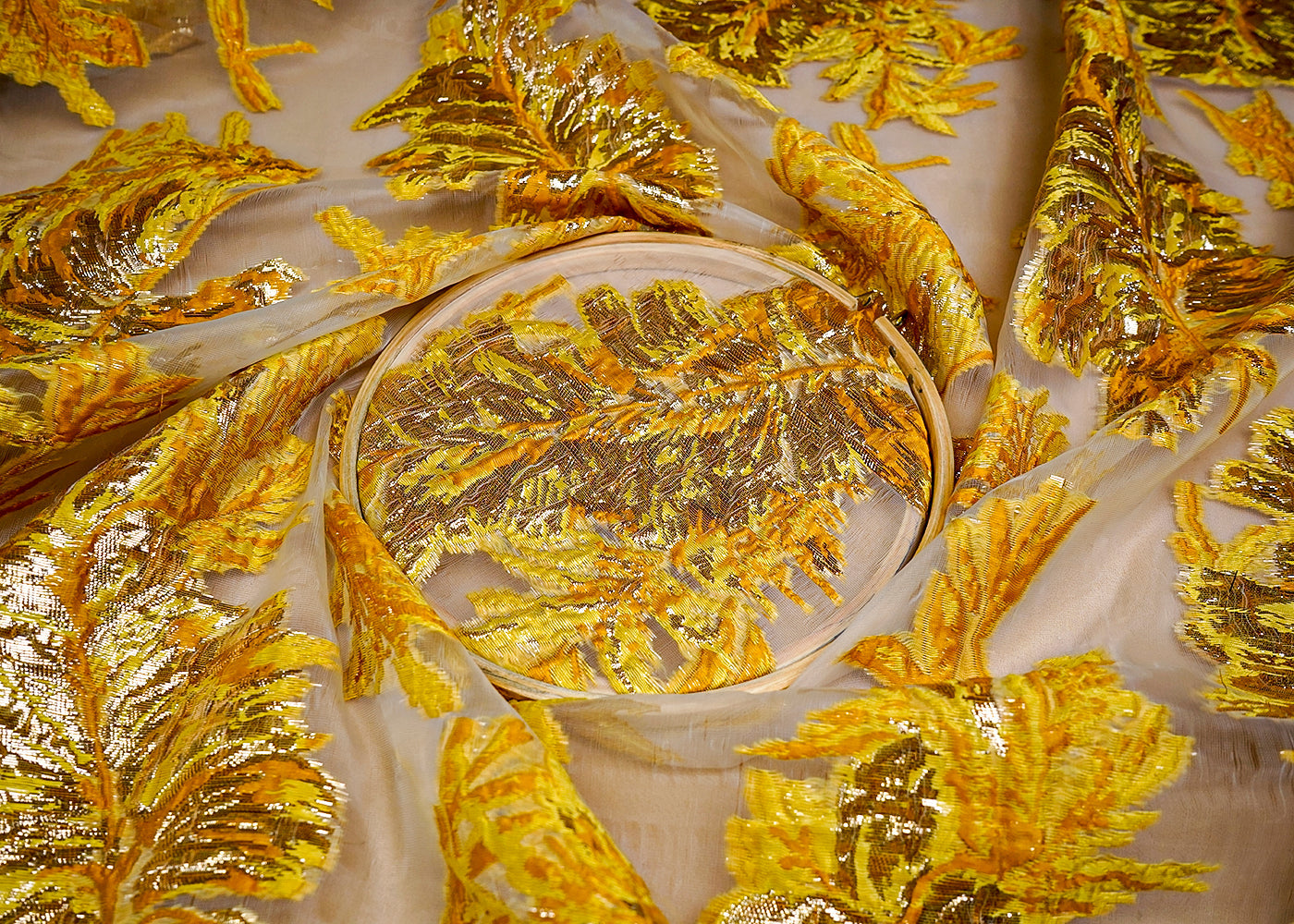 (Pre-Cut 0.8 MTR) Yellow Imported Organza Fabric With All Over Foil Work  18466