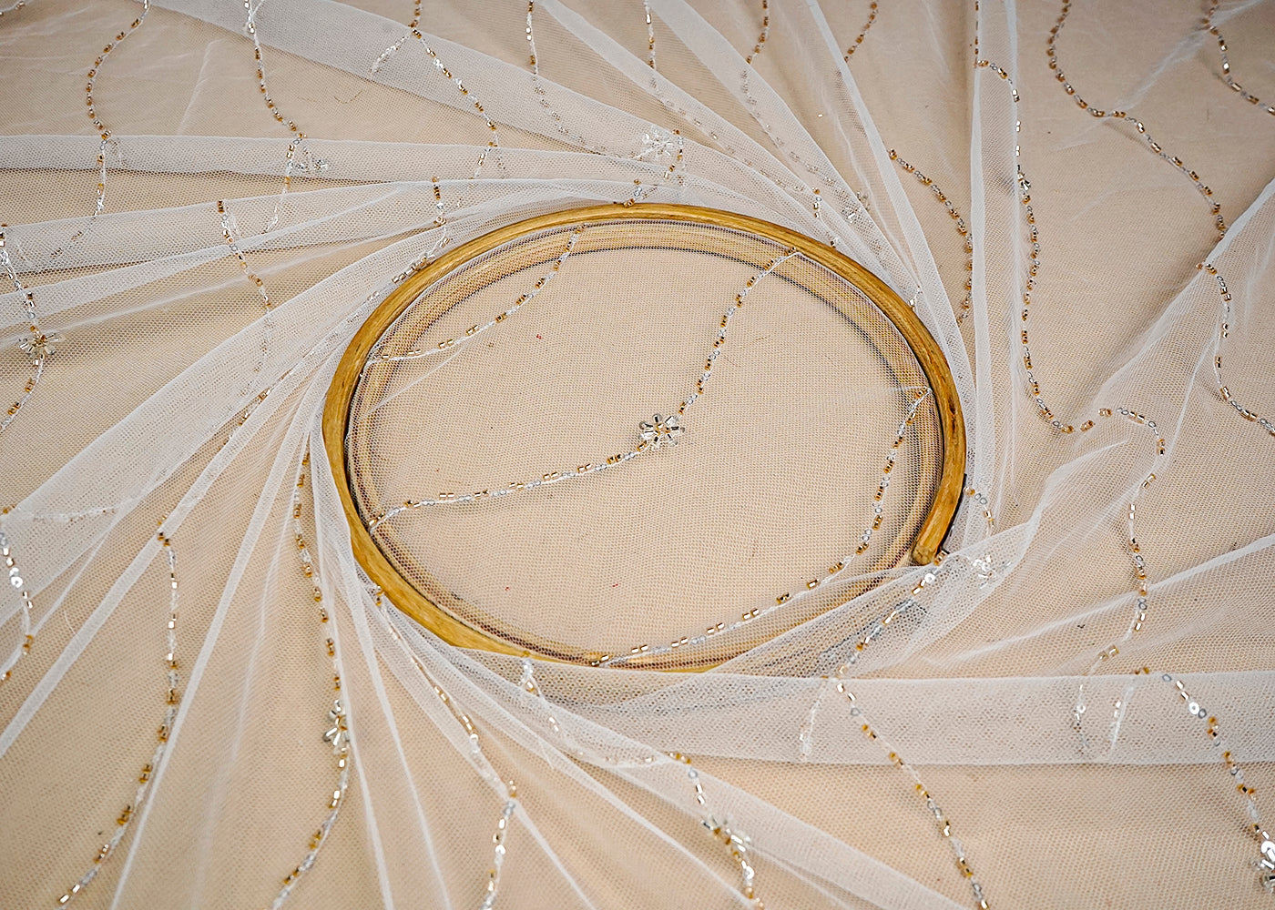 (Pre-Cut 2.65 MTR) White Imported Net Fabric With All Over Sequins Bead And Katdana Work With Two Side Scalloped Border 18468
