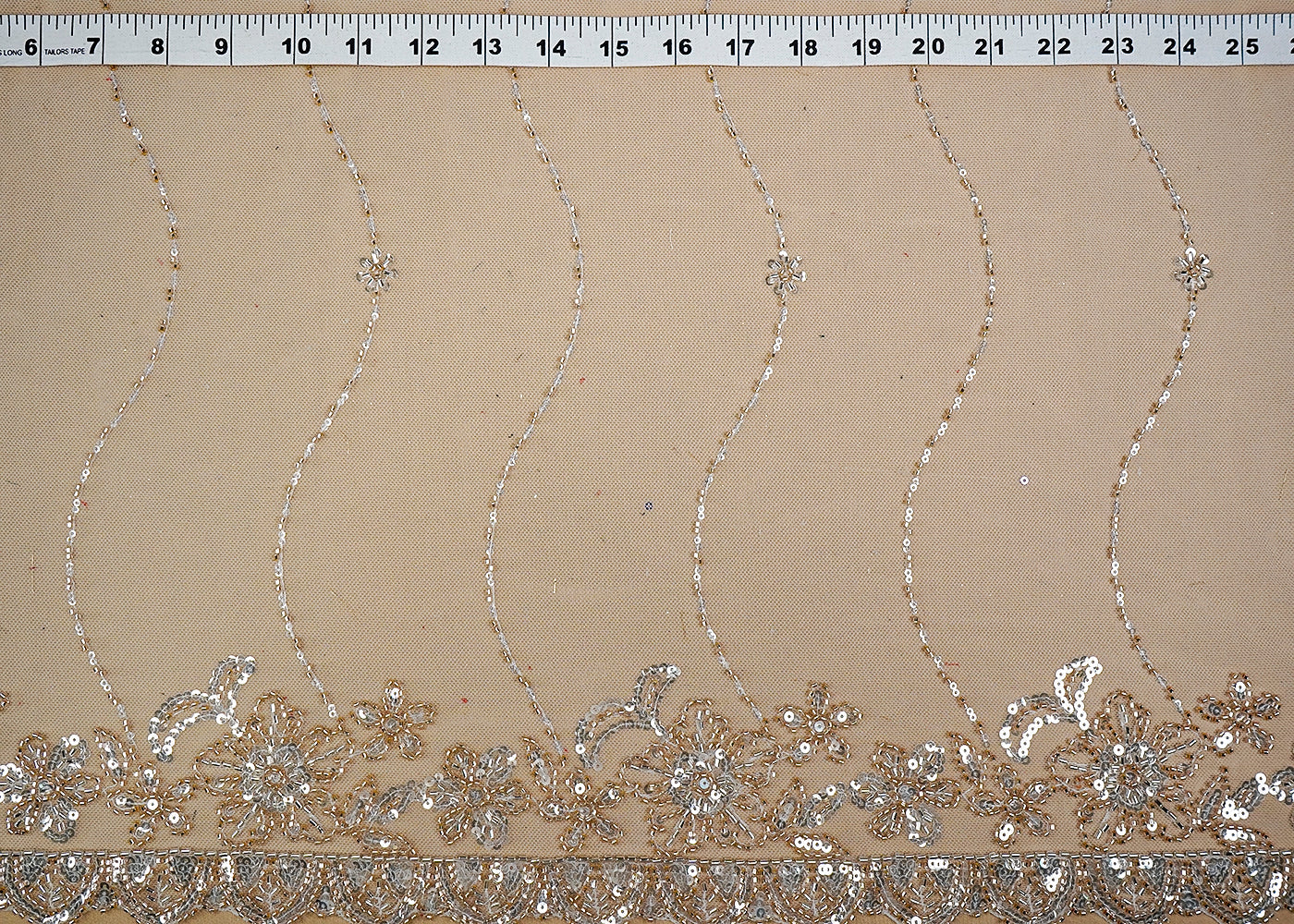 (Pre-Cut 2.65 MTR) White Imported Net Fabric With All Over Sequins Bead And Katdana Work With Two Side Scalloped Border 18468