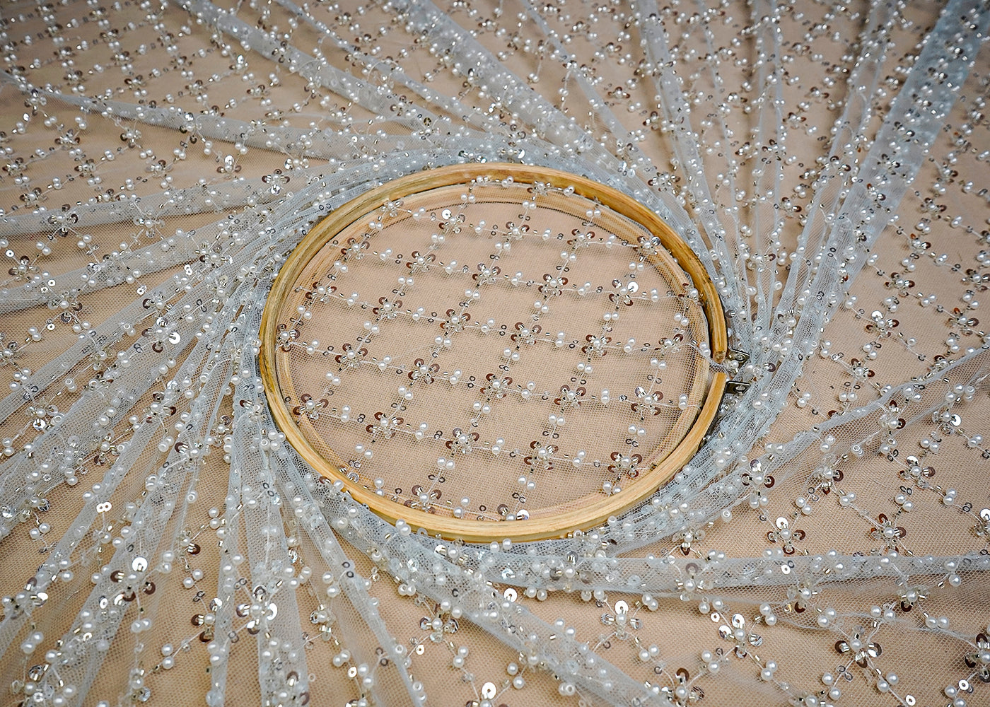 (Pre-Cut 2.1 MTR) Ice Blue Imported Net Fabric With All Over Pearl, Sequins And Katdana Work 18469