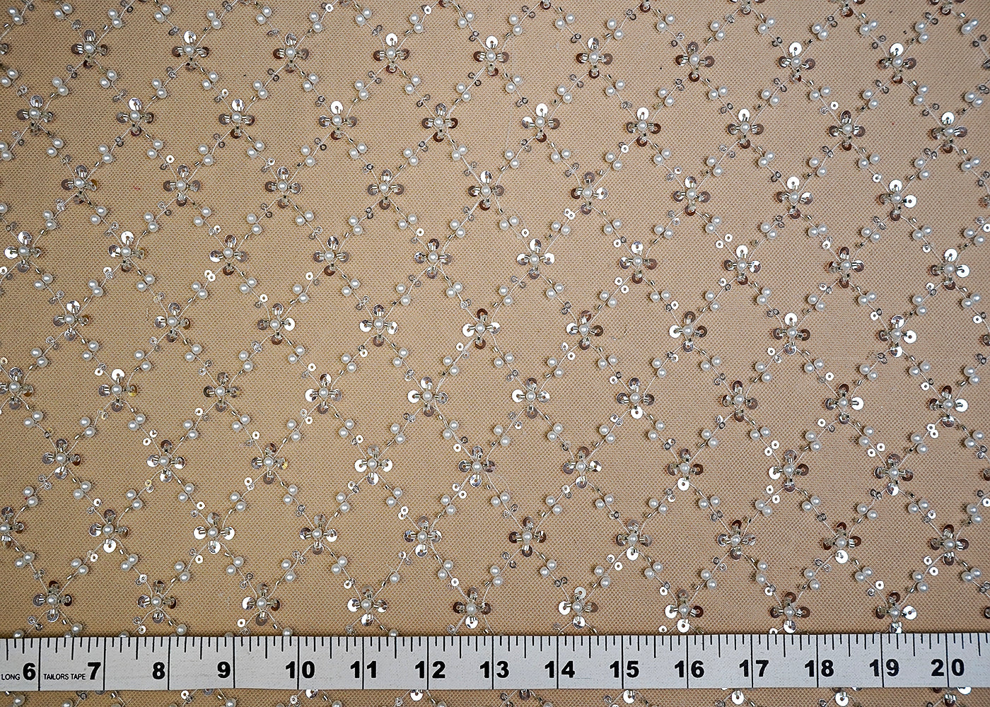 (Pre-Cut 2.1 MTR) Ice Blue Imported Net Fabric With All Over Pearl, Sequins And Katdana Work 18469