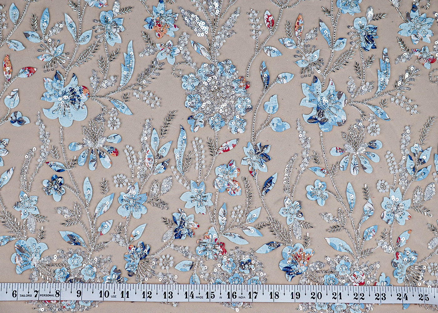 (Pre-Cut 2.15 MTR) Ice Blue Imported Net Fabric With All Over Katdana Sequins And Applique Work 18470