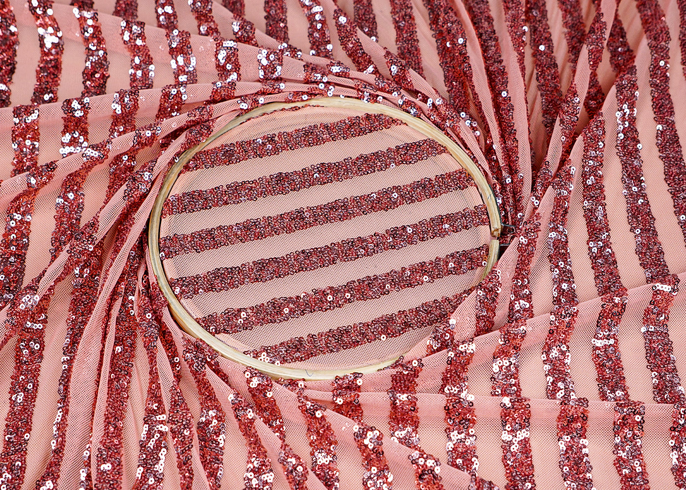 (Pre-Cut 2 MTR) Peach Lycra Net Fabric With All Over Sequins Work 18471
