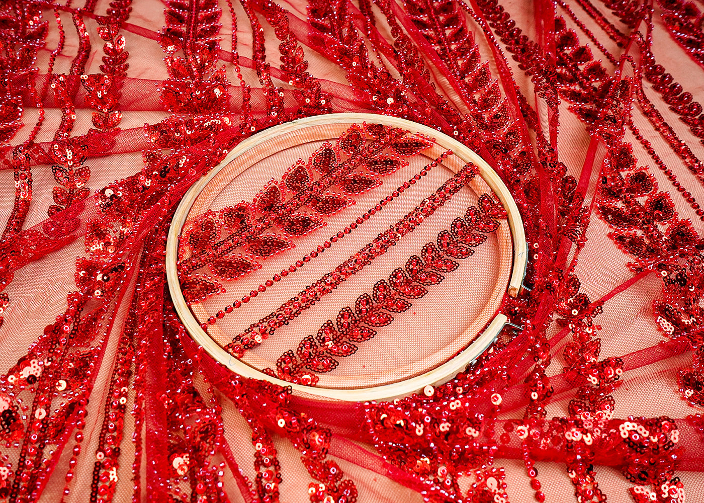 (Pre-Cut 1.65 MTR) Red Imported Net Fabric With All Over Sequins And Bead Work 18475