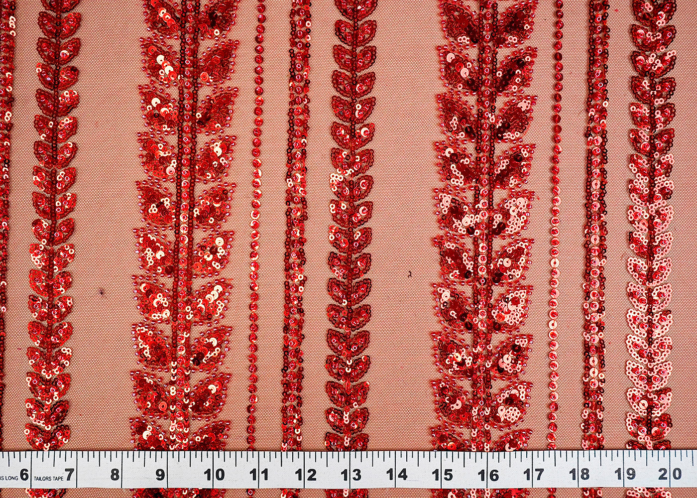 (Pre-Cut 1.65 MTR) Red Imported Net Fabric With All Over Sequins And Bead Work 18475