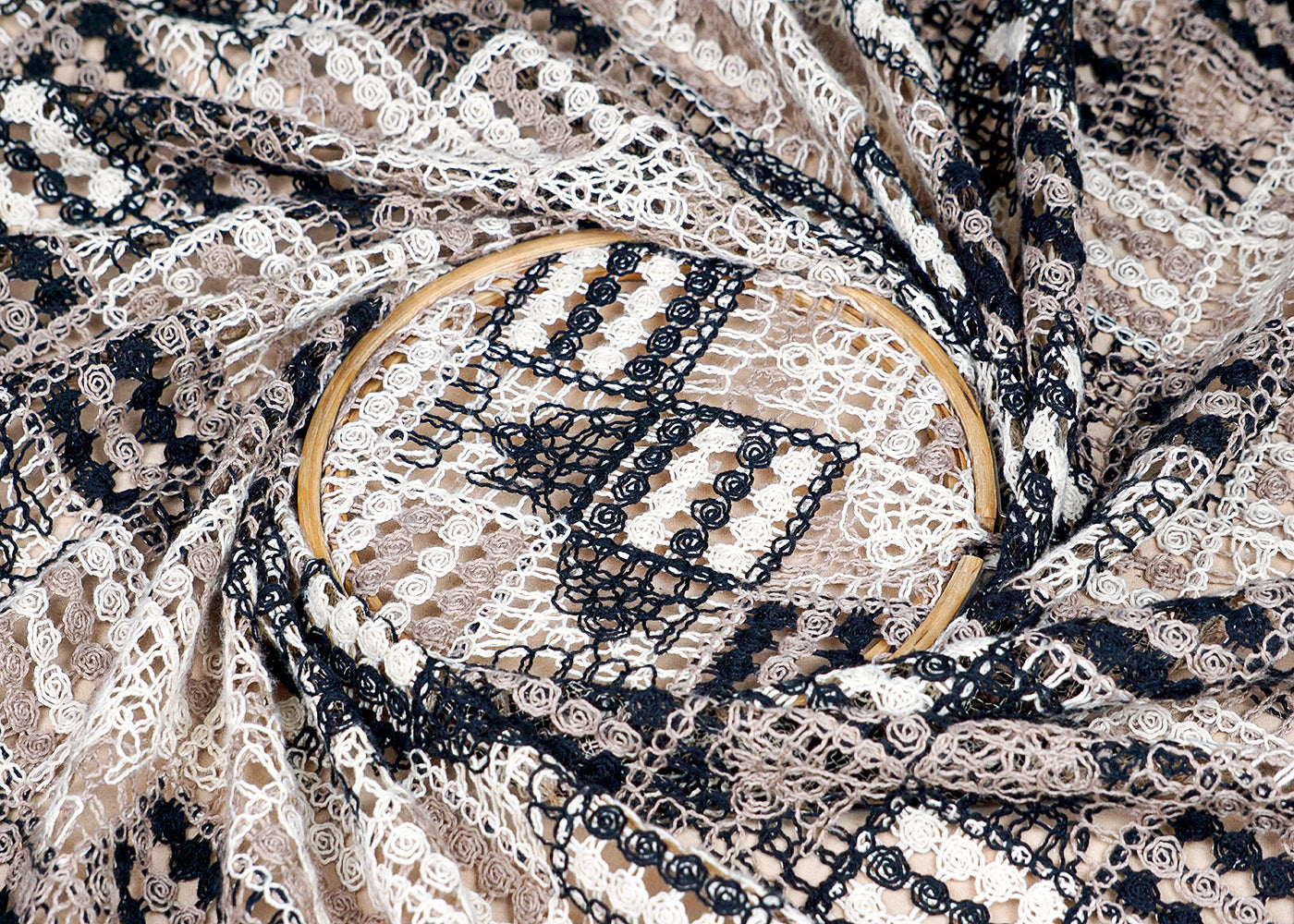 (Pre-Cut 1.55 MTR) Black Crochet Fabric With All Over Floral Pattern 18478