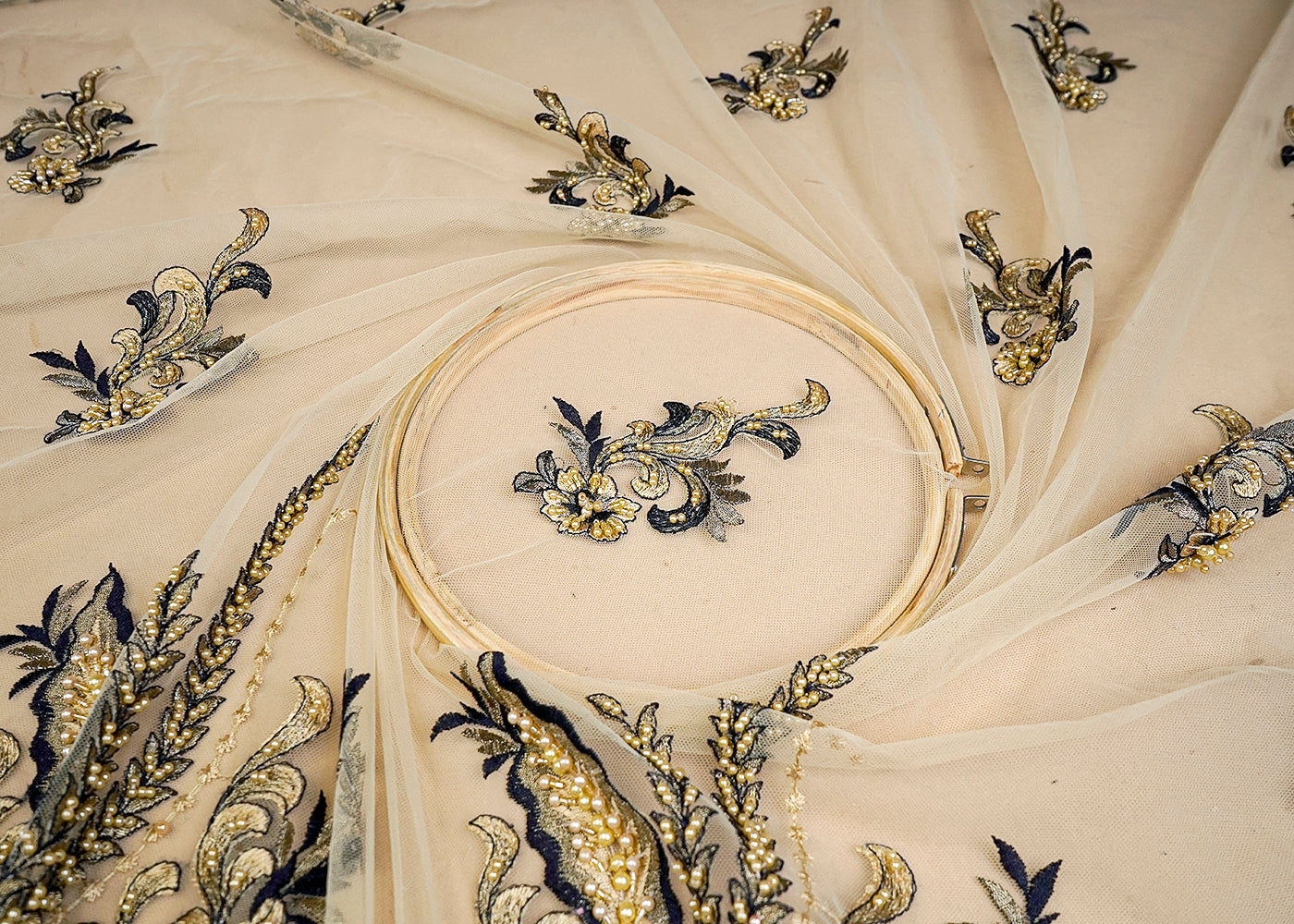 (Pre-Cut 2.1 MTR) Light Lemon Yellow Imported Net Fabric With All Over Pearl Thread Zari And Bead Work With One Side Heavy Border 18479