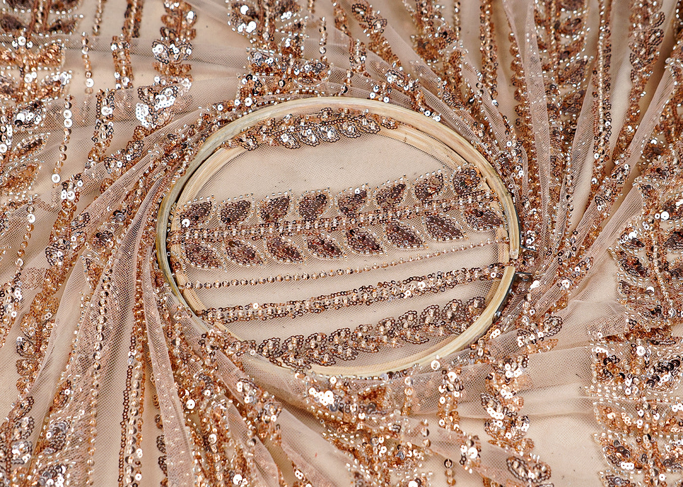 (Pre-Cut 1.3 MTR) Golden Imported Net Fabric With All Over Sequins And Bead Work 18482