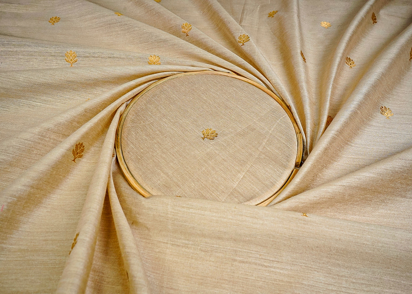 (Pre-Cut 1.4 MTR) Cream Moonga Silk Fabric With All Over Golden Zari Handloom 18483