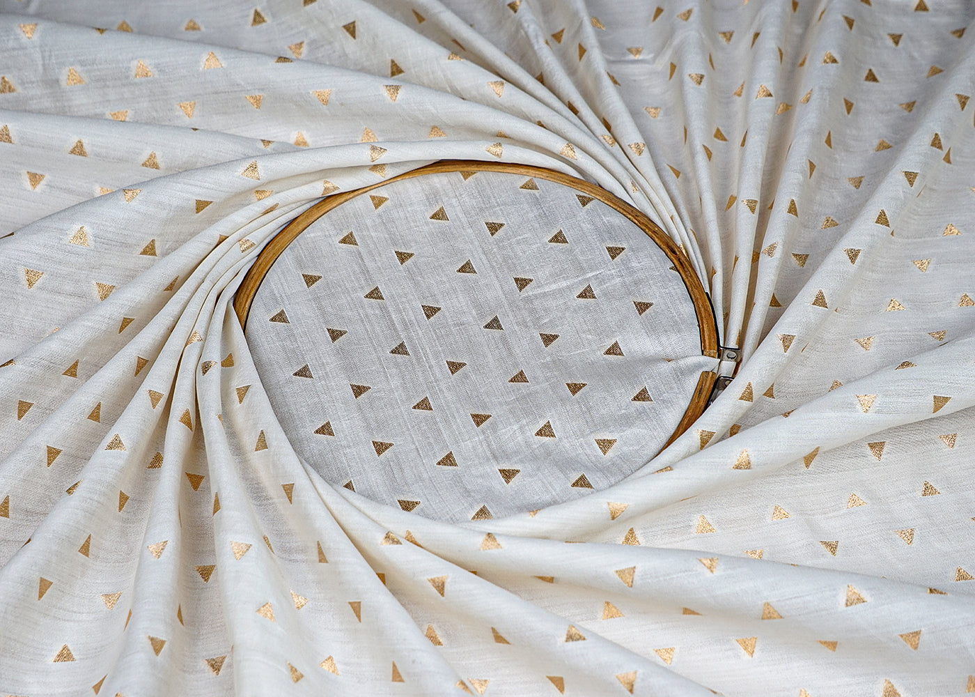 (Pre-Cut 2.3 MTR) White Chinia Silk Fabric With All Over Golden Zari Handloom  18484