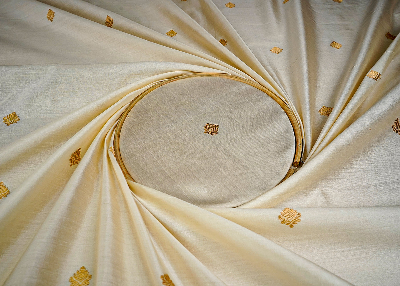 (Pre-Cut 2 MTR) Cream Moonga Silk Fabric With All Over Golden Zari Handloom 18485