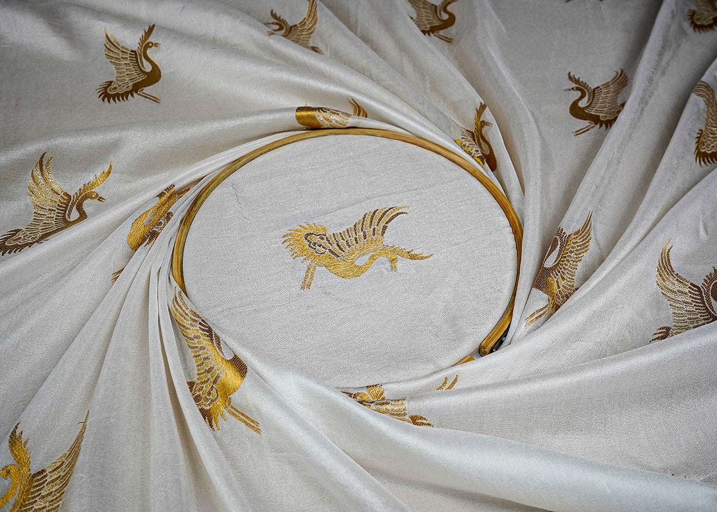 (Pre-Cut 2 MTR) White Upada Silk Fabric With All Over Peacock Motif Of Golden Zari Handloom 18486