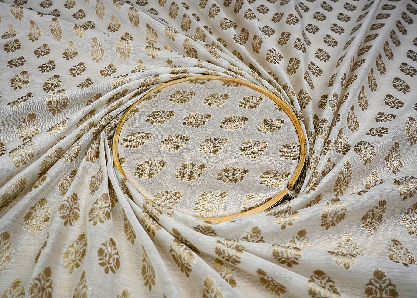 (Pre-Cut 1.8 MTR) White Banarasi Brocade Fabric With All Ove Golden Zari Handloom 18487