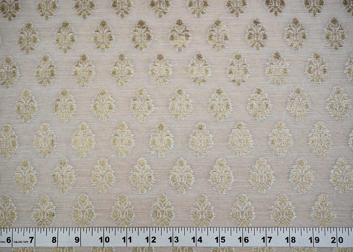 (Pre-Cut 1.8 MTR) White Banarasi Brocade Fabric With All Ove Golden Zari Handloom 18487