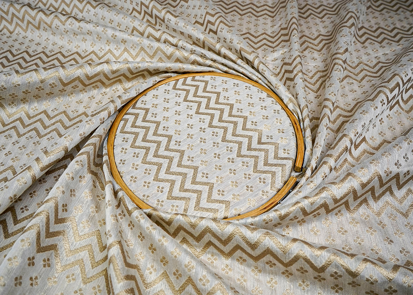 (Pre-Cut 1.35 MTR) White Banarasi Brocade Fabric With All Over Golden Zari Handloom 18490