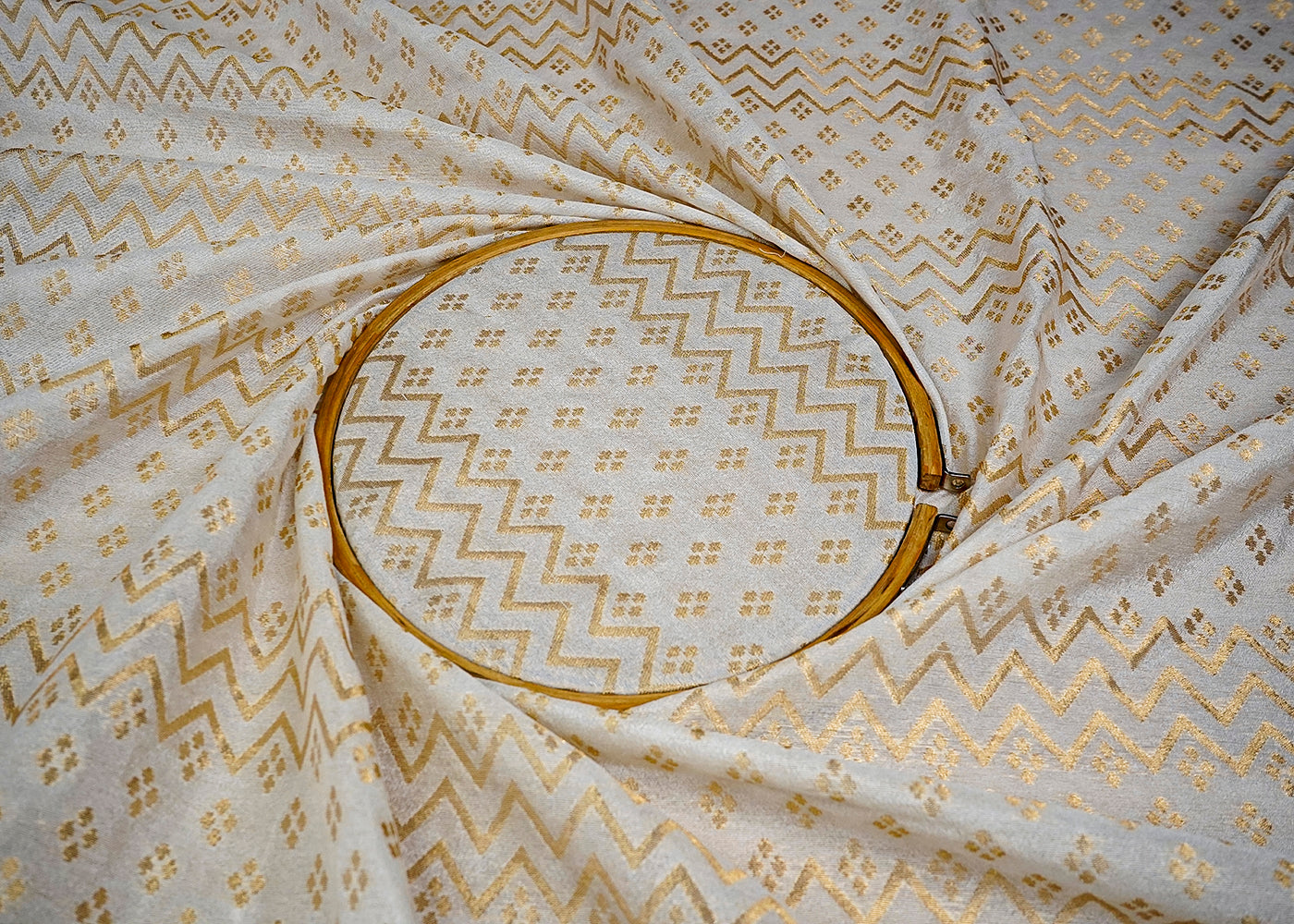 (Pre-Cut 2.55 MTR) White Banarasi Brocade Fabric With All Ove Golden Zari Handloom 18491